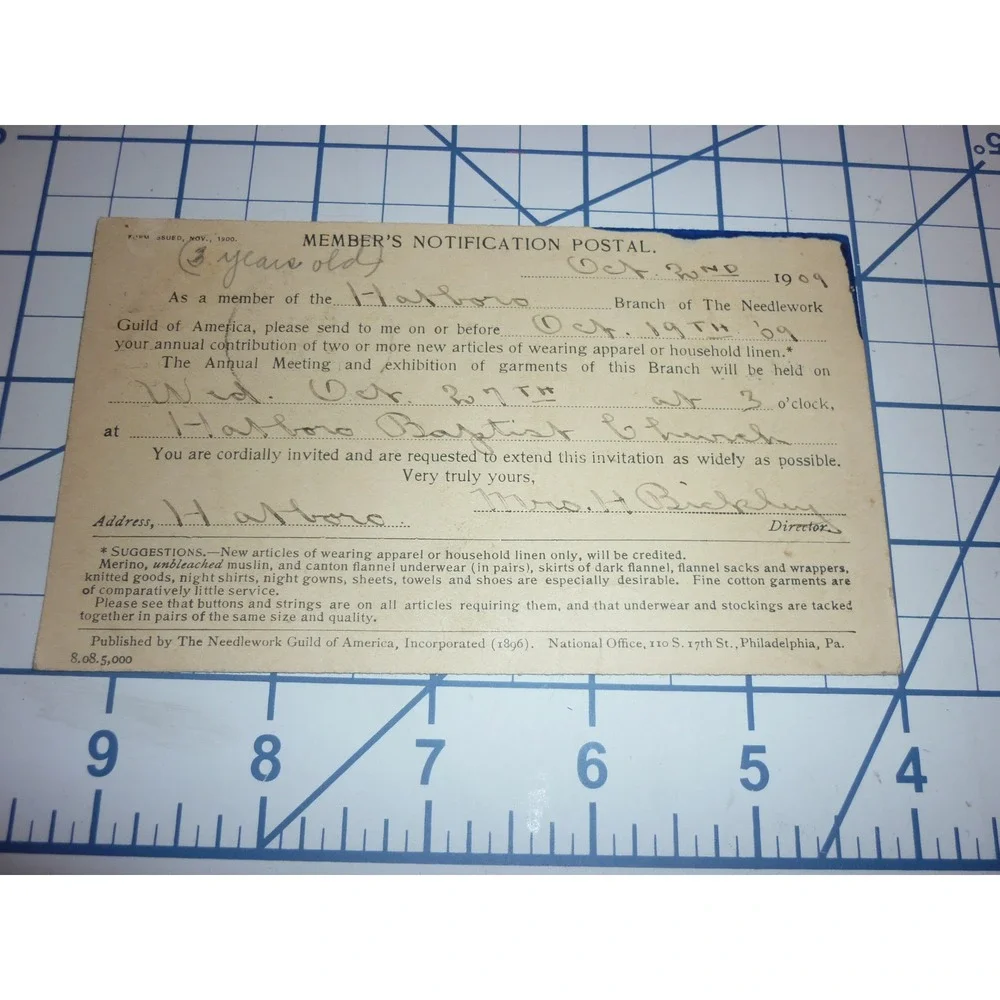 1909 Needlework Guild‎ of America Antique Postal Card Hatboro PA Baptist Church